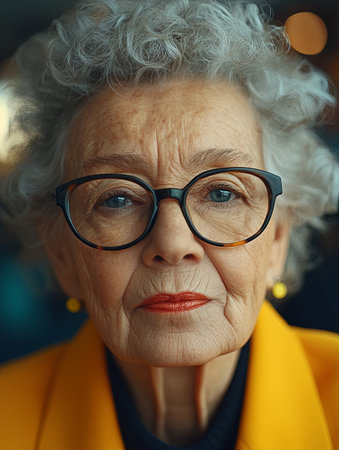 Elderly woman with stylish glasses and gray curly hair, wearing a bright yellow jacketの素材