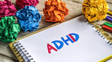 ADHD written in colorful letters on a notepad surrounded by crumpled paperの素材