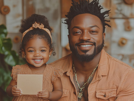 Smiling father and daughter portrait showcasing love and joy in a cozy settingの素材