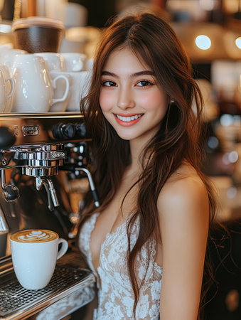 Barista smiling while preparing coffee in a cozy cafe with warm lightingの素材