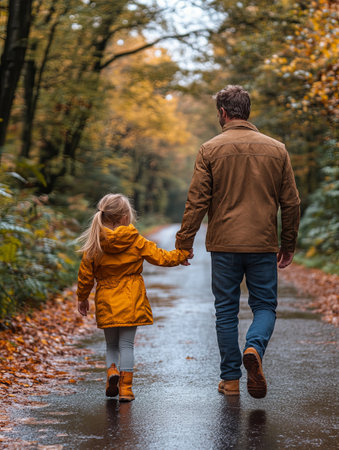 Father and daughter walking hand in hand on a rainy autumn dayの素材