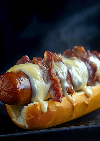 Delicious hot dog topped with melted cheese and crispy bacon served in fresh bunの素材