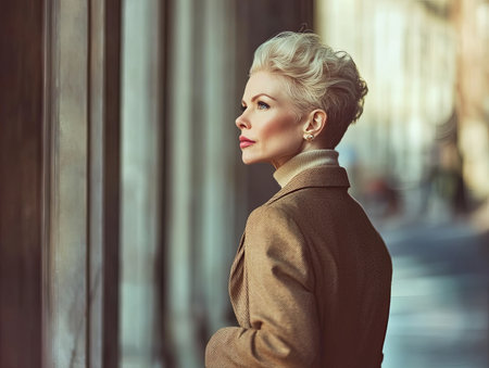 Elegant woman with stylish hair and vintage coat standing by a city streetの素材