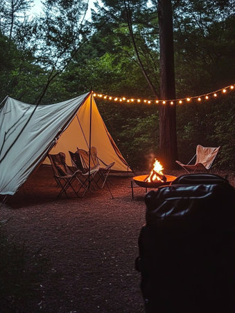 Cozy camping scene with a tent, chairs, and a warm campfire surrounded by treesの素材