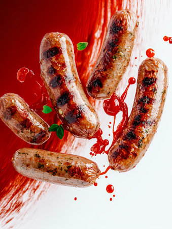 Grilled sausages arranged on a vibrant red sauce backgroundの素材