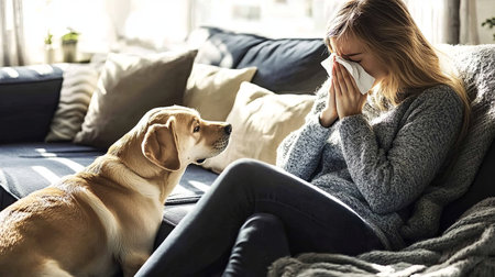 Woman experiencing allergy symptoms while sitting on a couch with her dogの素材