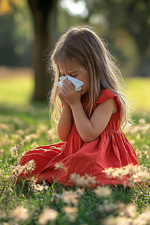Young girl experiencing allergy symptoms while sitting in a field of flowersの素材