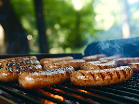 Grilled sausages sizzling on barbecue grill in lush green park during sunny dayの素材