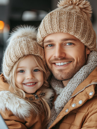Smiling father and daughter wearing cozy winter hats enjoying a warm momentの素材