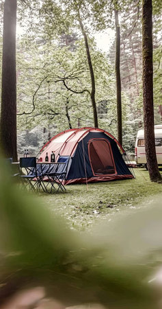 Camping tent set up in a serene forest environment with trees surrounding itの素材