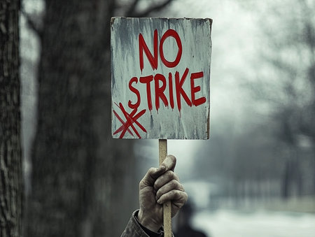 Protester holding a sign that reads No Strike in a cold urban environmentの素材