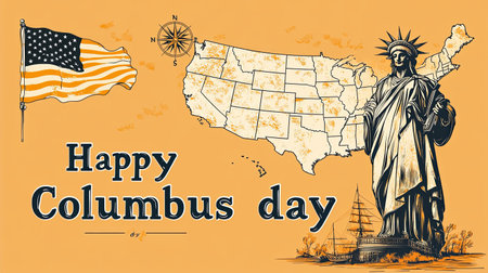Columbus Day celebration with a vintage illustration of the Statue of Libertyの素材