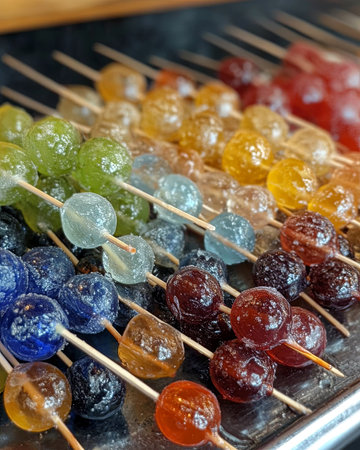 Colorful candy lollipops arranged on skewers showcasing a variety of flavorsの素材