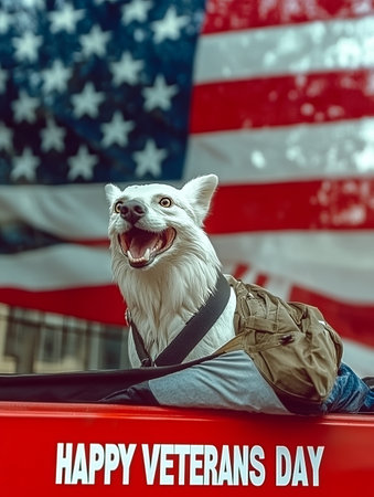 Happy dog celebrating Veterans Day with American flag backgroundの素材