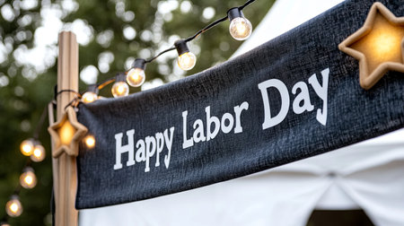 Happy Labor Day celebration banner with decorative lights and starsの素材