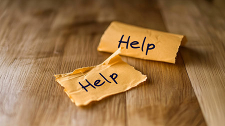 Help notes on wooden surface conveying a message of assistance and supportの素材