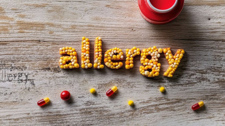 Allergy written with colorful pills and capsules on a wooden surfaceの素材