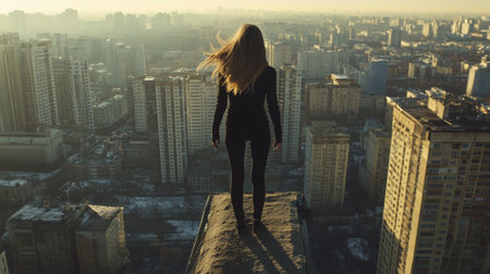 Woman standing on rooftop edge overlooking city skyline at sunsetの素材