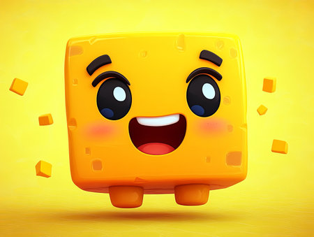 Happy cartoon cheese character with a bright smile and playful expressionの素材
