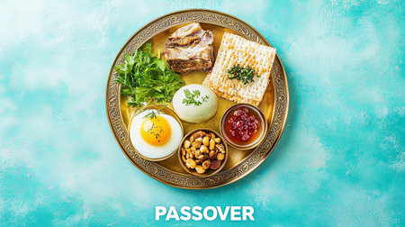 Traditional Passover meal with matzo, eggs, charoset, and greens on plateの素材