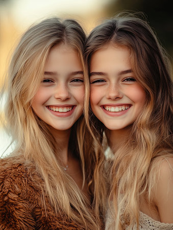 Joyful young girls smiling together in a close-up portrait capturing friendshipの素材