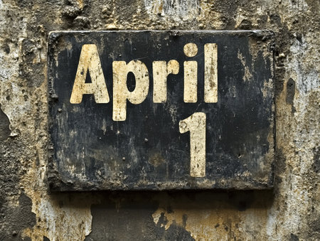 April 1 sign on a weathered wall showcasing rustic charm and vintage appealの素材
