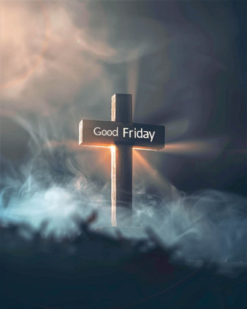 Symbolic wooden cross illuminated by soft light, representing Good Friday and its significance in Christianity, faith, and reflection, religious observance conceptの素材
