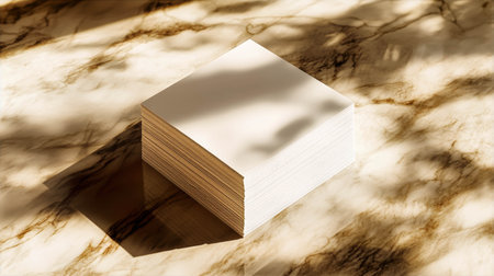 Blank stack of paper on a marble surface with soft shadows creating a serene atmosphere ideal for creative projects and note-taking conceptの素材