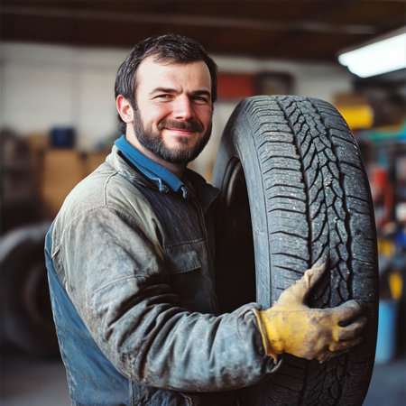 Skilled mechanic smiling while holding a tire in a workshop environment showcasing expertise and professionalism in automotive repair industry tire maintenance conceptの素材