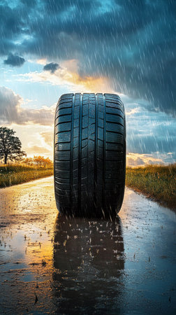 Rainy road scene featuring a large black tire reflecting sunlight, showcasing the beauty of nature and automotive design, tire maintenance conceptの素材