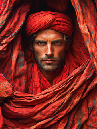 Vibrant portrait of a man in striking red attire showcasing cultural heritage and traditional clothing, emphasizing identity and expression in a colorful setting, cultural identity conceptの素材