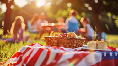 Memorial Day picnic celebration with friends in a sunny park, featuring a basket of food on a red and white blanket, outdoor gathering conceptの素材