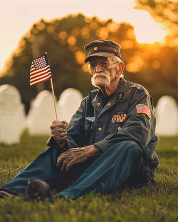 Veteran honoring fallen soldiers during Memorial Day celebration with American flag in hand, surrounded by gravestones, reflecting on sacrifice and remembrance conceptの素材