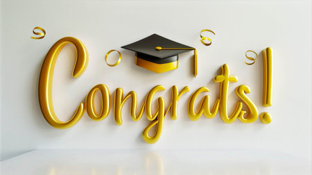Graduation celebration with a golden Congrats text and a black mortarboard cap, symbolizing achievement and success in education, graduation conceptの素材