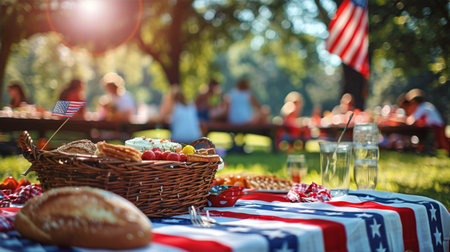 Memorial Day picnic celebration with food, drinks, and American flag in a sunny park setting, outdoor gathering, family and friends enjoying together, festive atmosphere, summer fun conceptの素材
