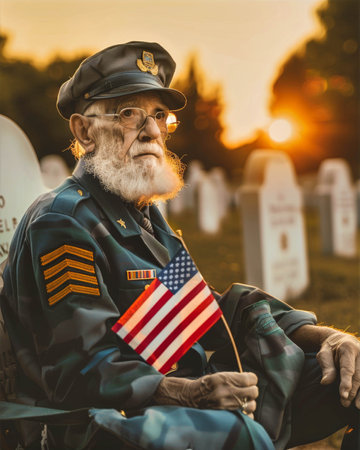 Veteran honoring fallen soldiers during Memorial Day sunset with American flag, remembrance, and respect for those who served, patriotic tribute conceptの素材