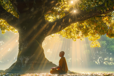 Buddhist monk meditating under a large tree with sunlight filtering through leaves during Vesak celebration representing spiritual enlightenment conceptの素材