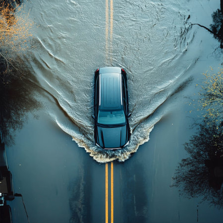Car driving through flooded street, water covering the road, urban landscape affected by heavy rain, transportation challenge, climate impact, flood management conceptの素材