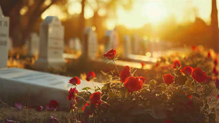 Memorial Day remembrance with vibrant flowers adorning gravestones at sunset, honoring those who served, a tribute to sacrifice and love, memorial tribute conceptの素材