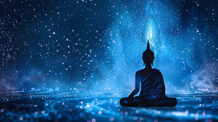 Buddha statue meditating in a serene atmosphere with cosmic elements representing Vesak and Buddha Purnima celebration, spiritual enlightenment conceptの素材