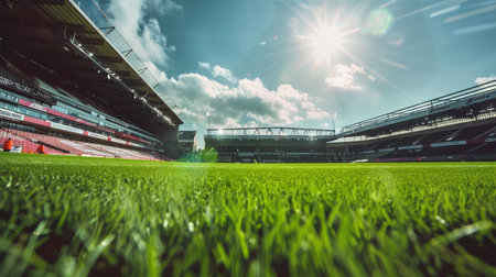 Lush green grass field under bright sunlight with stadium stands in the background showcasing a vibrant sports atmosphere and excitement for the game healthy sports conceptの素材
