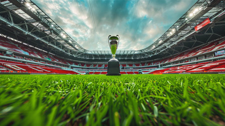 UEFA Championship Football Trophy on the Field in a Stadium with Spectacular Sky and Green Grass, Celebrating Sportsmanship and Competition Spirit, UEFA Championship conceptの素材