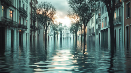Flooded cityscape with reflections of buildings and trees in water, showcasing the impact of climate change on urban environments, water management conceptの素材