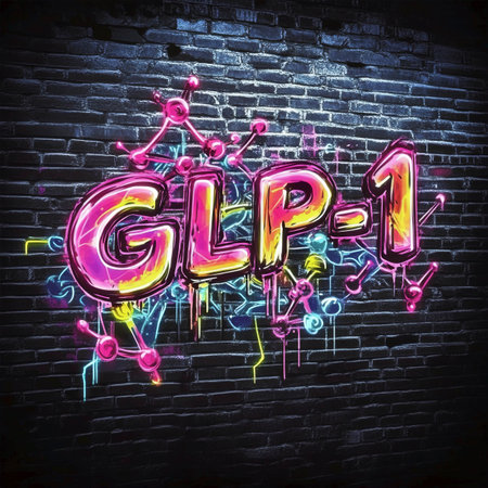 Colorful graffiti art depicting GLP-1 on a brick wall, showcasing vibrant colors and molecular designs, representing modern urban culture and creativity conceptの素材