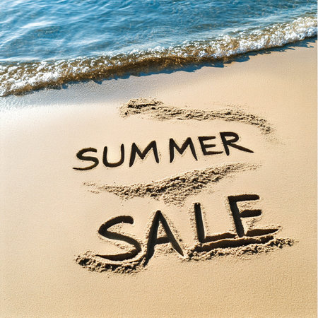 Summer sale announcement written in sand on a beach with ocean wavesの素材