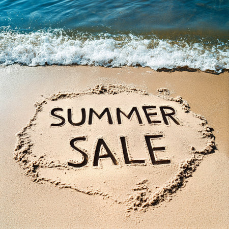 Summer sale announcement on sandy beach with ocean waves in backgroundの素材