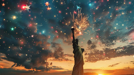Statue of Liberty illuminated by fireworks against a colorful sky at sunset, symbolizing freedom and celebration, American pride, independence day conceptの素材
