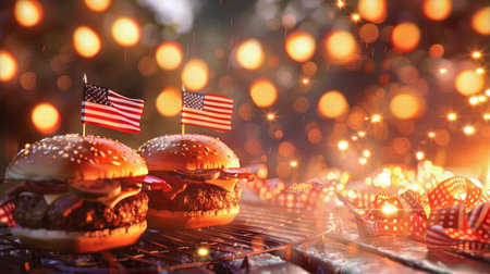 Juicy burgers with American flags on a grill surrounded by festive bokeh lights for a celebration or party atmosphere, food and patriotism conceptの素材