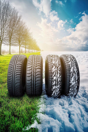 Four types of tires displayed on contrasting surfaces showcasing summer and winter conditions, illustrating the importance of seasonal tire selection conceptの素材