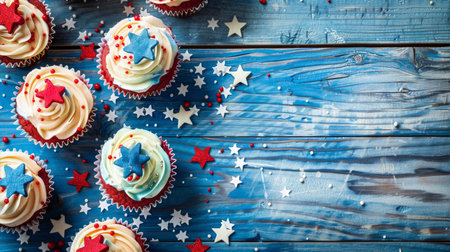 Colorful cupcakes decorated with red and blue stars on a rustic wooden table for festive celebrations and parties, dessert conceptの素材